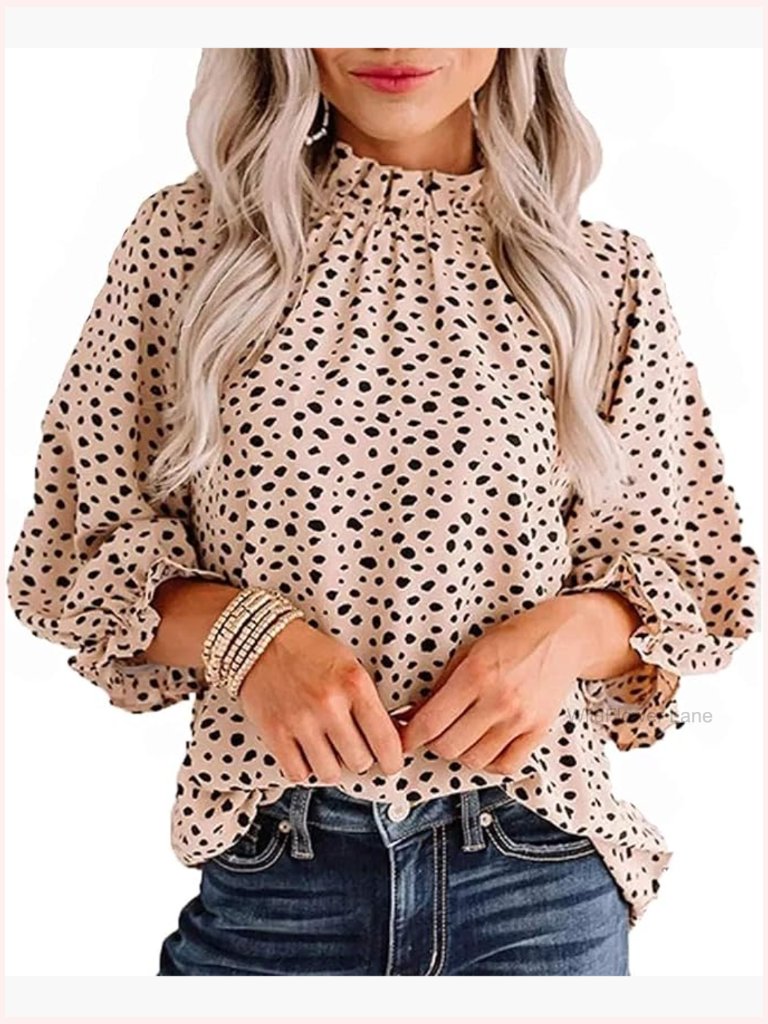 Polka Dot Long Sleeve Blouse Mock Neck Ruffle Work Top